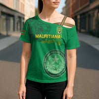 Custom Mauritania Football Cross Shoulder Shirt Coat Of Arms With Islamic Pattern - Wonder Print Shop