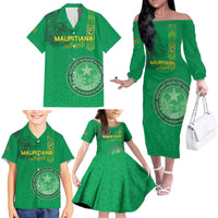 Custom Mauritania Football Family Matching Off The Shoulder Long Sleeve Dress and Hawaiian Shirt Coat Of Arms With Islamic Pattern - Wonder Print Shop