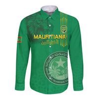 Custom Mauritania Football Long Sleeve Button Shirt Coat Of Arms With Islamic Pattern - Wonder Print Shop