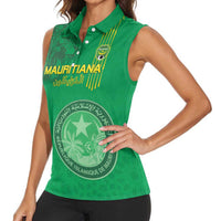 Custom Mauritania Football Women Sleeveless Polo Shirt Coat Of Arms With Islamic Pattern - Wonder Print Shop