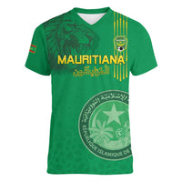 Custom Mauritania Football Women V-Neck T-Shirt Coat Of Arms With Islamic Pattern - Wonder Print Shop