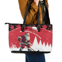 Canada Christmas Leather Tote Bag Santa Claus Hockey Player - Maple Leaves Pattern - Wonder Print Shop