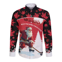 Personalized Canada Christmas Long Sleeve Button Shirt Santa Claus Hockey Player - Maple Leaves Pattern - Wonder Print Shop