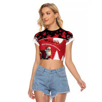 Personalized Canada Christmas Raglan Cropped T Shirt Santa Claus Hockey Player - Maple Leaves Pattern - Wonder Print Shop