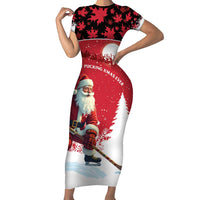 Personalized Canada Christmas Short Sleeve Bodycon Dress Santa Claus Hockey Player - Maple Leaves Pattern - Wonder Print Shop