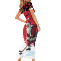 Personalized Canada Christmas Short Sleeve Bodycon Dress Santa Claus Hockey Player - Maple Leaves Pattern - Wonder Print Shop
