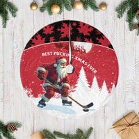 Personalized Canada Christmas Tree Skirt Santa Claus Hockey Player - Maple Leaves Pattern - Wonder Print Shop