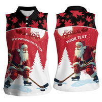 Personalized Canada Christmas Women Sleeveless Polo Shirt Santa Claus Hockey Player - Maple Leaves Pattern - Wonder Print Shop