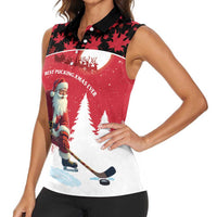 Personalized Canada Christmas Women Sleeveless Polo Shirt Santa Claus Hockey Player - Maple Leaves Pattern - Wonder Print Shop