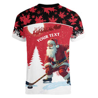 Personalized Canada Christmas Women V-Neck T-Shirt Santa Claus Hockey Player - Maple Leaves Pattern - Wonder Print Shop