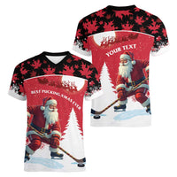 Personalized Canada Christmas Women V-Neck T-Shirt Santa Claus Hockey Player - Maple Leaves Pattern - Wonder Print Shop