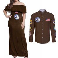 Tuskegee Airmen WWII Heroes Couples Matching Off Shoulder Maxi Dress and Long Sleeve Button Shirt The Great American Aviators Brown Leather Pattern - Wonder Print Shop
