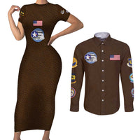 Tuskegee Airmen WWII Heroes Couples Matching Short Sleeve Bodycon Dress and Long Sleeve Button Shirt The Great American Aviators Brown Leather Pattern - Wonder Print Shop