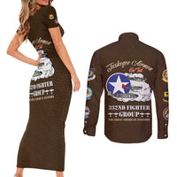 Tuskegee Airmen WWII Heroes Couples Matching Short Sleeve Bodycon Dress and Long Sleeve Button Shirt The Great American Aviators Brown Leather Pattern - Wonder Print Shop