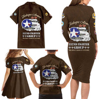 Tuskegee Airmen WWII Heroes Family Matching Long Sleeve Bodycon Dress and Hawaiian Shirt The Great American Aviators Brown Leather Pattern - Wonder Print Shop