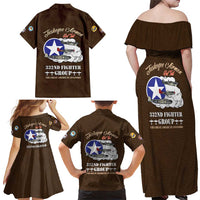 Tuskegee Airmen WWII Heroes Family Matching Off Shoulder Maxi Dress and Hawaiian Shirt The Great American Aviators Brown Leather Pattern - Wonder Print Shop