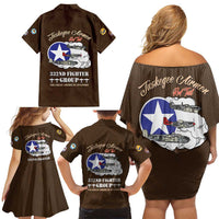Tuskegee Airmen WWII Heroes Family Matching Off Shoulder Short Dress and Hawaiian Shirt The Great American Aviators Brown Leather Pattern - Wonder Print Shop
