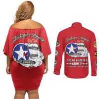 Tuskegee Airmen WWII Heroes Couples Matching Off Shoulder Short Dress and Long Sleeve Button Shirt The Great American Aviators Red Art - Wonder Print Shop