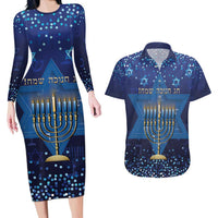 Hanukkah Jewish Festival Couples Matching Long Sleeve Bodycon Dress and Hawaiian Shirt Meronah With Star Of David - Wonder Print Shop