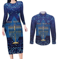 Hanukkah Jewish Festival Couples Matching Long Sleeve Bodycon Dress and Long Sleeve Button Shirt Meronah With Star Of David - Wonder Print Shop