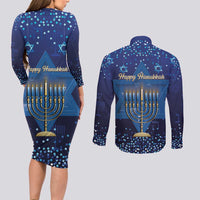 Hanukkah Jewish Festival Couples Matching Long Sleeve Bodycon Dress and Long Sleeve Button Shirt Meronah With Star Of David - Wonder Print Shop
