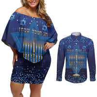 Hanukkah Jewish Festival Couples Matching Off Shoulder Short Dress and Long Sleeve Button Shirt Meronah With Star Of David - Wonder Print Shop