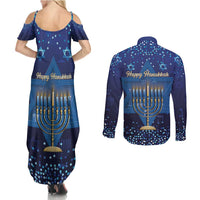 Hanukkah Jewish Festival Couples Matching Summer Maxi Dress and Long Sleeve Button Shirt Meronah With Star Of David - Wonder Print Shop