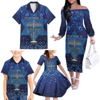 Hanukkah Jewish Festival Family Matching Off The Shoulder Long Sleeve Dress and Hawaiian Shirt Meronah With Star Of David - Wonder Print Shop