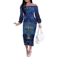 Hanukkah Jewish Festival Family Matching Off The Shoulder Long Sleeve Dress and Hawaiian Shirt Meronah With Star Of David - Wonder Print Shop