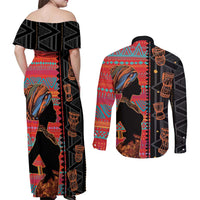 Happy International Women's Day Couples Matching Off Shoulder Maxi Dress and Long Sleeve Button Shirt African Women With Ethnic Pattern