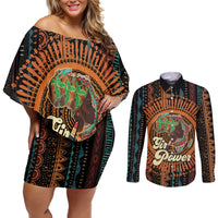 Black Girl Power Couples Matching Off Shoulder Short Dress and Long Sleeve Button Shirt Happy International Women's Day