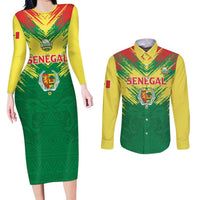 Senegal Rugby Custom Couples Matching Long Sleeve Bodycon Dress and Long Sleeve Button Shirt Lion With Coat Of Arms - African Pattern
