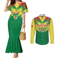 Senegal Rugby Custom Couples Matching Mermaid Dress and Long Sleeve Button Shirt Lion With Coat Of Arms - African Pattern