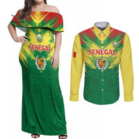 Senegal Rugby Custom Couples Matching Off Shoulder Maxi Dress and Long Sleeve Button Shirt Lion With Coat Of Arms - African Pattern