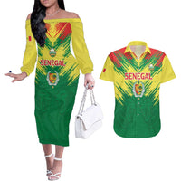Senegal Rugby Custom Couples Matching Off The Shoulder Long Sleeve Dress and Hawaiian Shirt Lion With Coat Of Arms - African Pattern