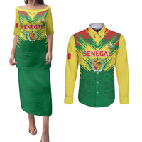 Senegal Rugby Custom Couples Matching Puletasi and Long Sleeve Button Shirt Lion With Coat Of Arms - African Pattern