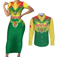 Senegal Rugby Custom Couples Matching Short Sleeve Bodycon Dress and Long Sleeve Button Shirt Lion With Coat Of Arms - African Pattern