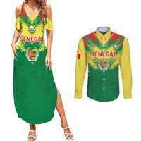 Senegal Rugby Custom Couples Matching Summer Maxi Dress and Long Sleeve Button Shirt Lion With Coat Of Arms - African Pattern