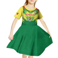 Senegal Rugby Custom Kid Short Sleeve Dress Lion With Coat Of Arms - African Pattern