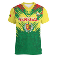 Senegal Rugby Custom Women V-Neck T-Shirt Lion With Coat Of Arms - African Pattern