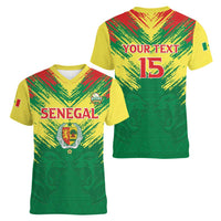 Senegal Rugby Custom Women V-Neck T-Shirt Lion With Coat Of Arms - African Pattern