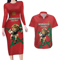 Morocco Rugby Custom Couples Matching Long Sleeve Bodycon Dress and Hawaiian Shirt Lion Mascot Green Star