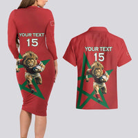 Morocco Rugby Custom Couples Matching Long Sleeve Bodycon Dress and Hawaiian Shirt Lion Mascot Green Star