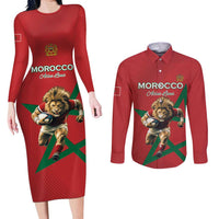 Morocco Rugby Custom Couples Matching Long Sleeve Bodycon Dress and Long Sleeve Button Shirt Lion Mascot Green Star