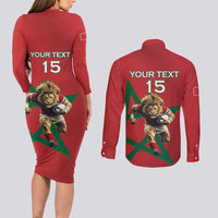 Morocco Rugby Custom Couples Matching Long Sleeve Bodycon Dress and Long Sleeve Button Shirt Lion Mascot Green Star