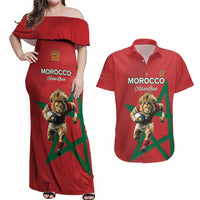 Morocco Rugby Custom Couples Matching Off Shoulder Maxi Dress and Hawaiian Shirt Lion Mascot Green Star
