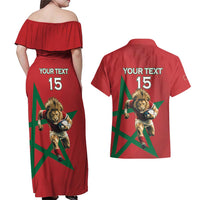 Morocco Rugby Custom Couples Matching Off Shoulder Maxi Dress and Hawaiian Shirt Lion Mascot Green Star