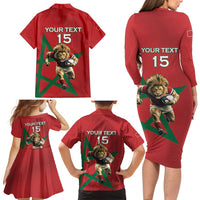 Morocco Rugby Custom Family Matching Long Sleeve Bodycon Dress and Hawaiian Shirt Lion Mascot Green Star