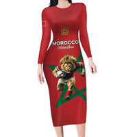 Morocco Rugby Custom Family Matching Long Sleeve Bodycon Dress and Hawaiian Shirt Lion Mascot Green Star