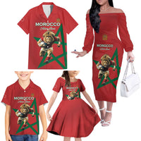 Morocco Rugby Custom Family Matching Off The Shoulder Long Sleeve Dress and Hawaiian Shirt Lion Mascot Green Star
